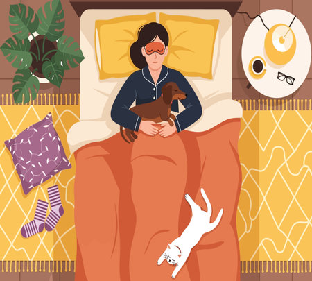 Woman sleeping in bed with her dog. Flat style vector illustration.の素材