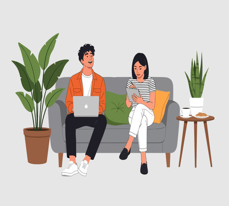 Man and woman sitting on sofa and using laptop. Flat vector illustration.の素材