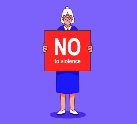 Elderly woman holding a red placard with the text NO. Vector illustration.の素材