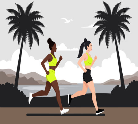 Two women jogging on the beach. Vector illustration in flat styleの素材