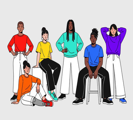 Group of young people in casual clothes. Vector illustration in sketch style.の素材