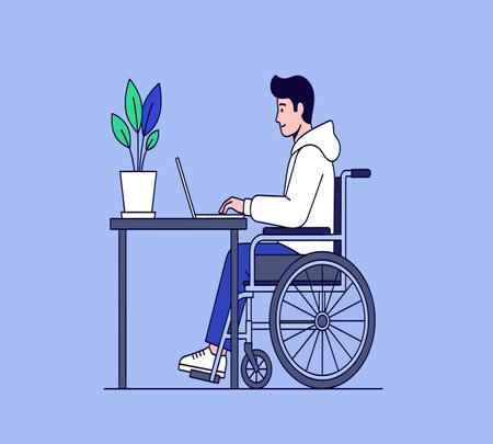 Disabled man in a wheelchair works at a laptop. Vector illustration.の素材