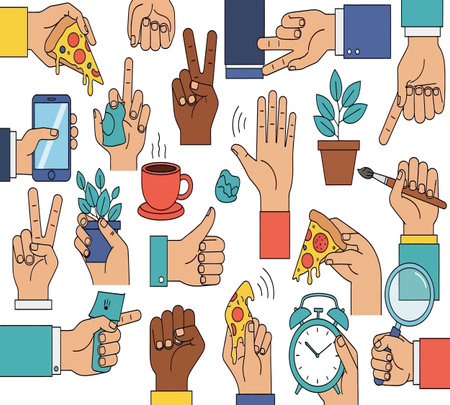 Seamless pattern of hands with different hand gestures. Vector illustrationの素材