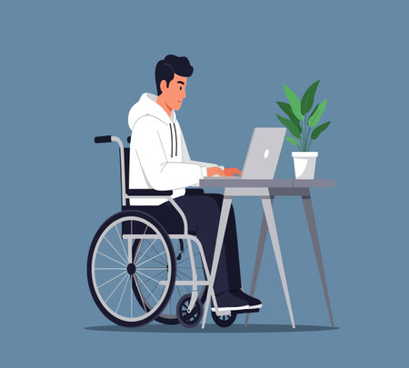 Disabled man in wheelchair working at laptop. Vector illustration in flat styleの素材