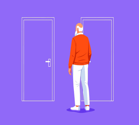 Old man standing in front of the door. Vector illustration in flat styleの素材