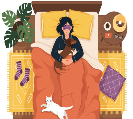 Woman sleeping in bed with cat and dog. Vector illustration in flat styleの素材