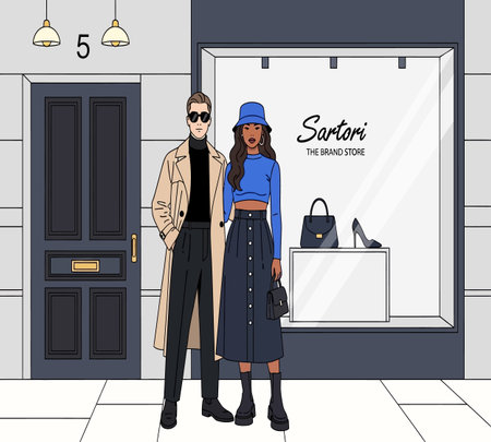 Stylish fashion couple in the city. Vector illustration in flat styleの素材