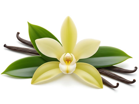 Vanilla pods and flower orchid isolated on white background cutoutの素材