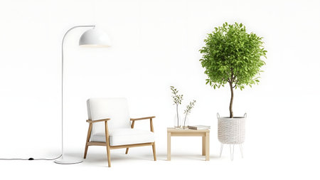 Interior of living room with white armchair, lamp and plantの素材