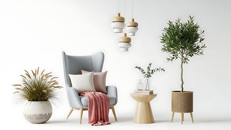 Modern living room interior with armchair, lamp and plants. 3d renderingの素材