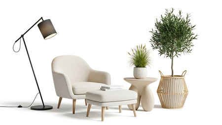 3d illustration of a modern living room interior with a white armchair and a lampの素材