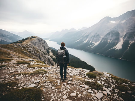 Man with backpack standing on top of mountain and looking at lake.の素材