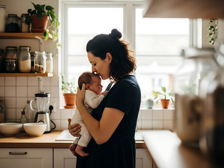 Young mother holding her newborn baby in her arms while standing in the kitchen at homeの素材