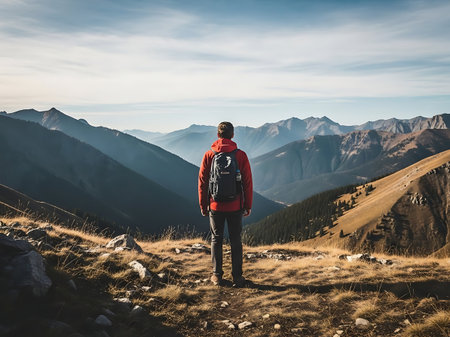 Hiker with backpack standing on top of a mountain and enjoying the viewの素材