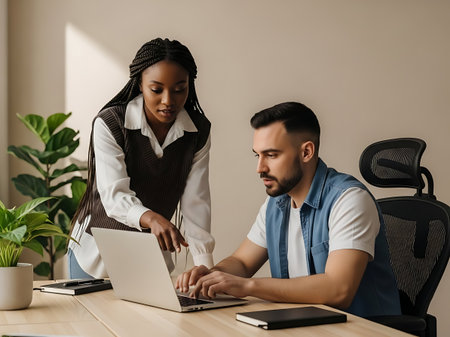 african american businesswoman pointing with finger at laptop while working with colleague in officeの素材