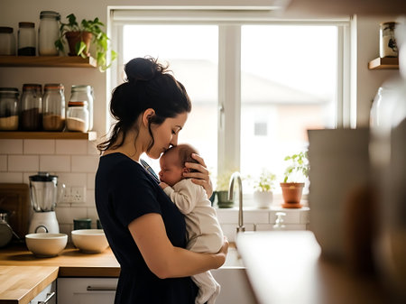 Young mother holding her newborn baby in her arms while standing in the kitchen at homeの素材