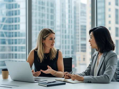 smiling businesswomen working with laptop and talking at workplace in officeの素材