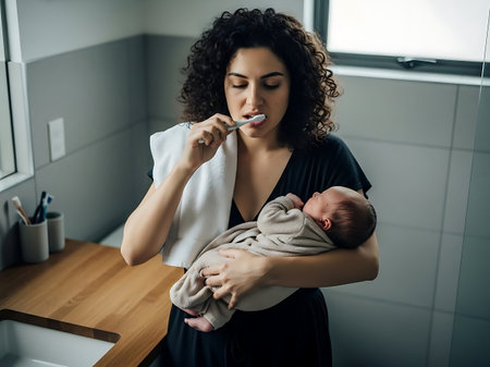 Young mother holding her newborn baby and brushing her teeth in the bathroomの素材