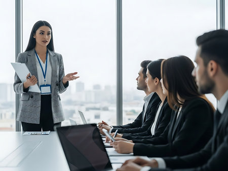 businesswoman in suit pointing at laptop near multicultural colleagues in conference roomの素材