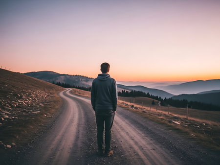 Young man standing on the road and looking at the mountains at sunsetの素材