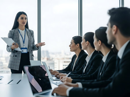 Young businesswoman talking to her colleagues during a meeting in the officeの素材