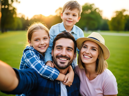 happy family taking selfie with smartphone in park on summer day at homeの素材
