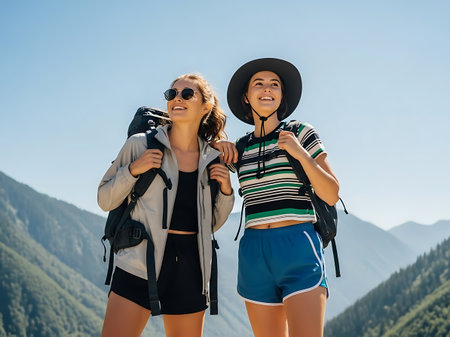 happy young couple with backpacks looking at camera while hiking in mountainsの素材
