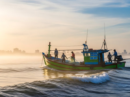 Fishermen are fishing in the sea at sunrise, Thailand.の素材
