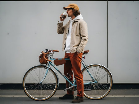 Stylish young man with a bicycle drinking coffee in the city.の素材