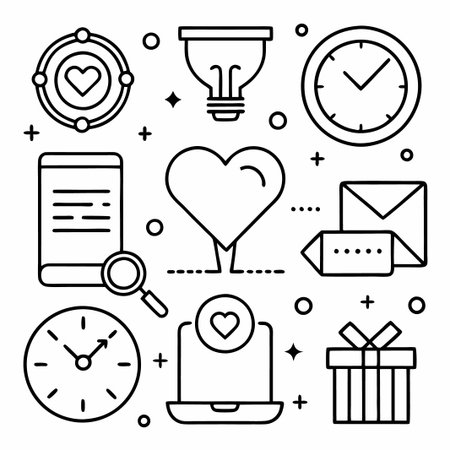 A collection of simple black and white line icons related to love, time, and communication.のイラスト素材