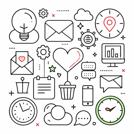 Outline icons of heart, email, clock, and phone for business, love and communication.のイラスト素材