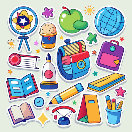 Colorful Back to School Stickers with an Apple, Backpack, and Globe.のイラスト素材