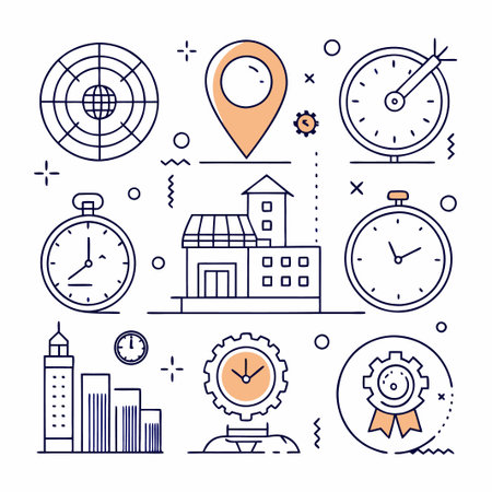 Clock, location, building and gear icons.のイラスト素材