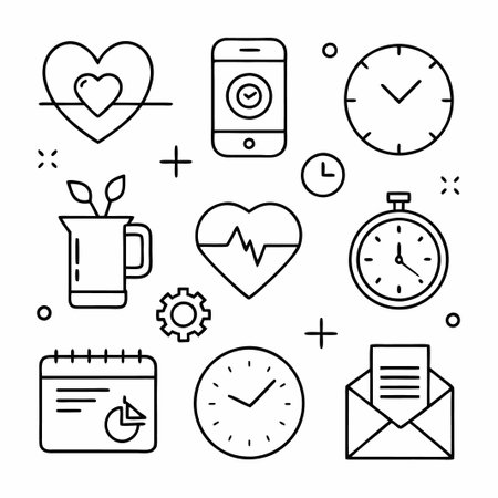 Time Management &amp; Productivity Icons Heart, Clock, Calendar, Phone, Letter, Plant, Gear.のイラスト素材