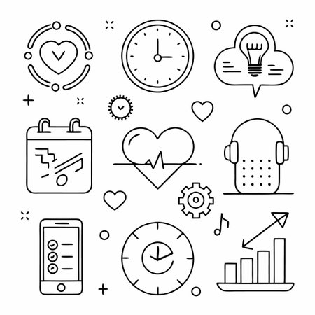 Line icons related to business, planning, and progress.のイラスト素材