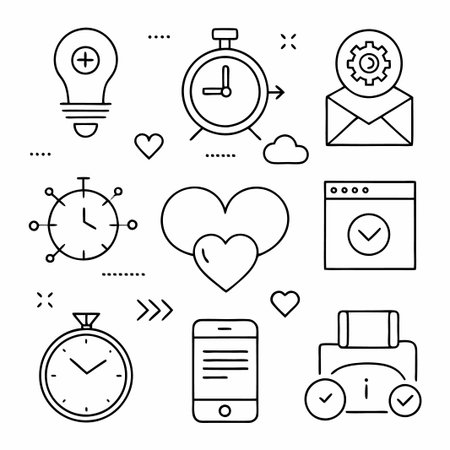Set of hand drawn line icons of various business and social media elements.のイラスト素材