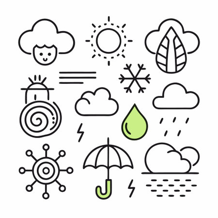 Set of hand-drawn weather icons including sun, rain, cloud, snow, wind, and lightning.のイラスト素材