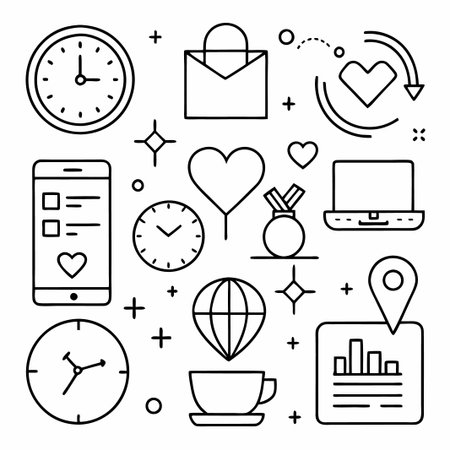 A set of various outline icons for time, shopping, love, communication, travel, location, and work.のイラスト素材