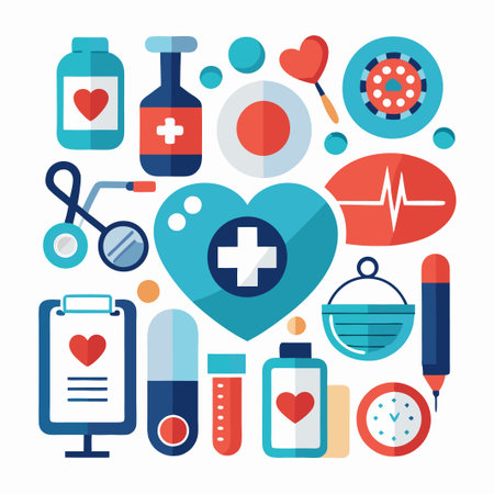 Healthcare icons set with heart, cross, clock, and other symbols.のイラスト素材