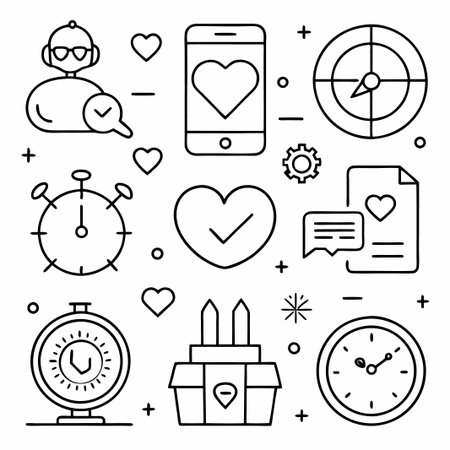 Set of black and white vector icons with love, time, target, and location symbols.のイラスト素材