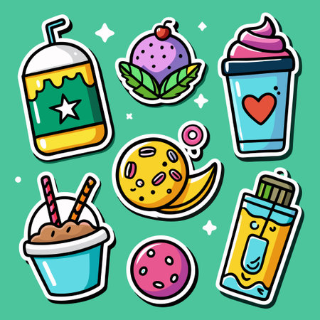 Colorful cartoon stickers with sweet and delicious treats.のイラスト素材