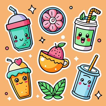 Six cute drinks with straws and happy faces on an orange background.のイラスト素材