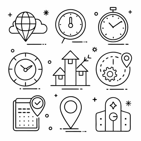Set of 9  line icons including world, clock, compass, location, calendar, and more.のイラスト素材