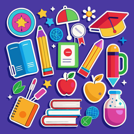 Colorful stickers with various school supplies, books, and apple on purple background.のイラスト素材
