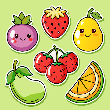 Cartoon fruit stickers with cute faces.のイラスト素材