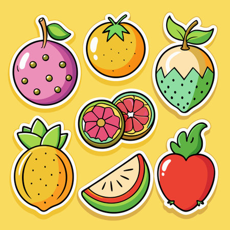 Colorful fruit stickers with bright yellow background.のイラスト素材