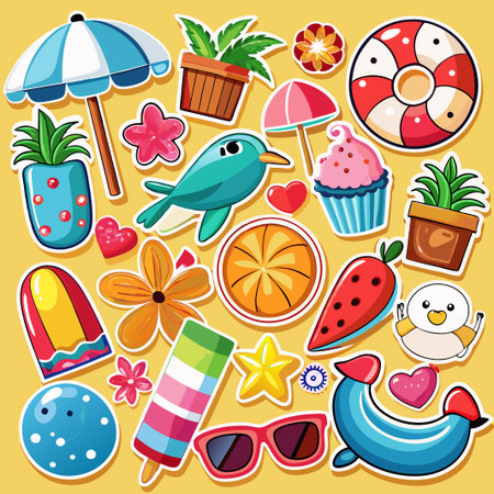 Colorful Summer Stickers with Beach and Nature Elements.のイラスト素材