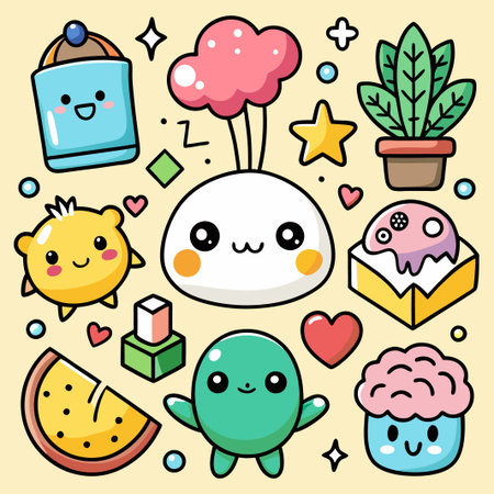 Cute cartoon characters on yellow background.のイラスト素材