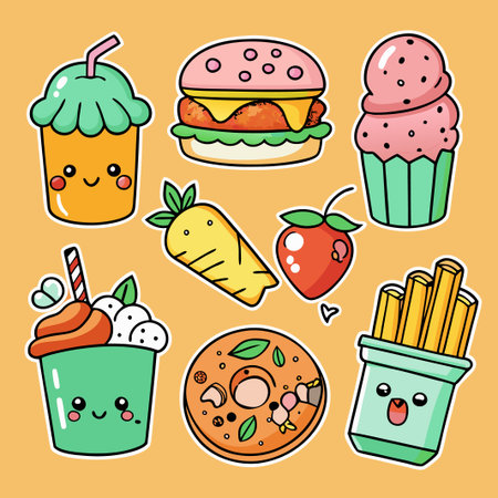Cute cartoon food stickers with happy faces on an orange background.のイラスト素材