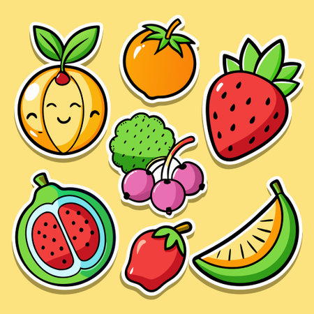 Cartoon fruit stickers with a yellow background.のイラスト素材